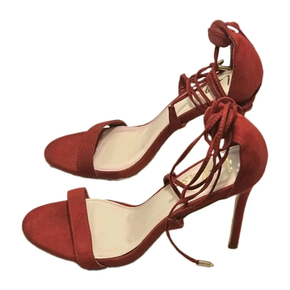 Lulus Red Lace Up Heels Size 8.5 Strappy Stiletto Sandals Faux Suede Women's